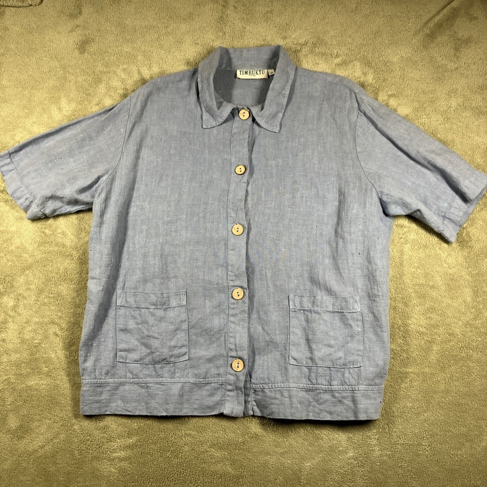Timbuktu Linen Top Women's 2 Medium Blue Button Up Lagenlook‎ Coastal Artsy 90's